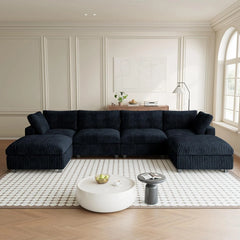 Premium Classic Cloud Sectional Couches | 6-Piece Plush Fabric Black Sink-In Spacious Seating U-Shaped Sectionals 4-seaters with 2-Ottomans