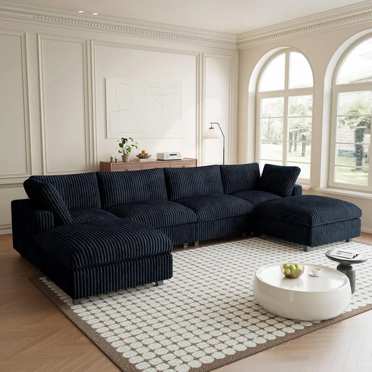 Premium Classic Cloud Sectional Couches | 6-Piece Plush Fabric Black Sink-In Spacious Seating U-Shaped Sectionals 4-seaters with 2-Ottomans