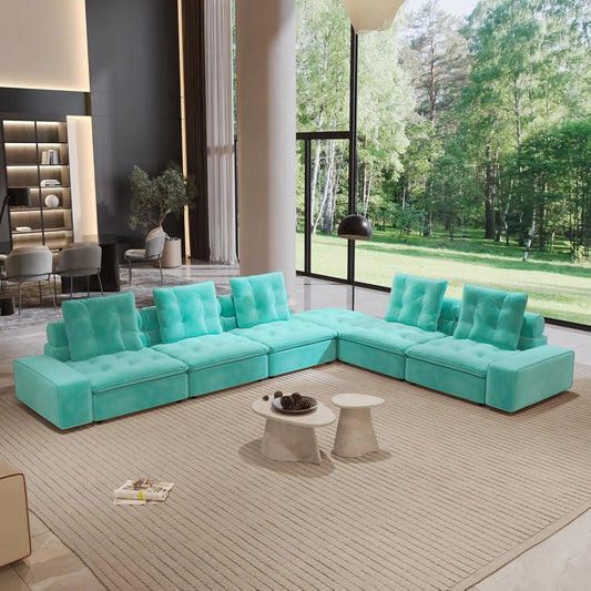 Premium Adjustable Cloud Sectional Couches | 6-Piece Velvet Tiffany Blue Adjustable Rolling Backrest L-Shaped Sectionals 5-seaters with 1-Ottomans