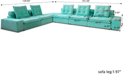 Premium Adjustable Cloud Sectional Couches | 6-Piece Velvet Tiffany Blue Adjustable Rolling Backrest L-Shaped Sectionals 5-seaters with 1-Ottomans