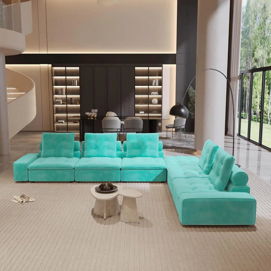 Premium Adjustable Cloud Sectional Couches | 6-Piece Velvet Tiffany Blue Adjustable Rolling Backrest L-Shaped Sectionals 5-seaters with 1-Ottomans