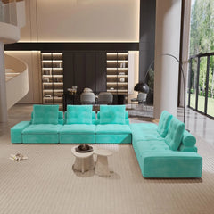 Premium Adjustable Cloud Sectional Couches | 6-Piece Velvet Tiffany Blue Adjustable Rolling Backrest L-Shaped Sectionals 5-seaters with 1-Ottomans