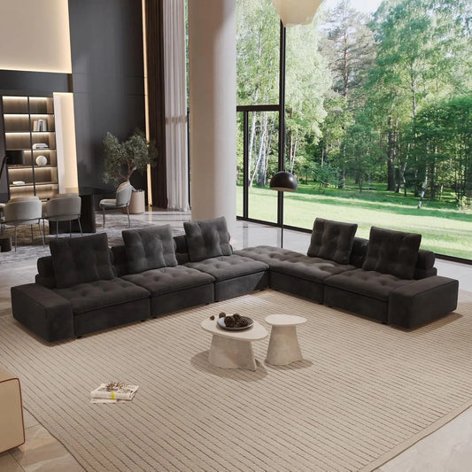 Premium Adjustable Cloud Sectional Couches | 6-Piece Velvet Grey Modular Design L-Shaped Sectionals 5-seaters with 1-Ottomans