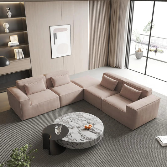 Exclusive Classic Sectional Couches | 4-Piece Corduroy Brown Supportive Pillows V-Shaped Sectionals 4-seaters with 1-Ottomans
