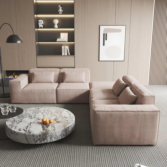 Exclusive Classic Sectional Couches | 4-Piece Corduroy Brown Supportive Pillows V-Shaped Sectionals 4-seaters with 1-Ottomans