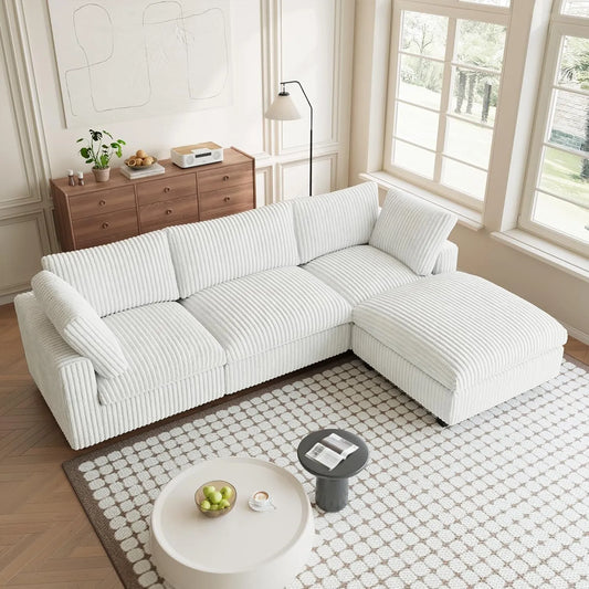 Premium Classic Cloud Sectional Couches | 4-Piece Plush Fabric Beige A Big Friendly Sofa L-Shaped Sectionals 3-seaters with 1-Ottomans
