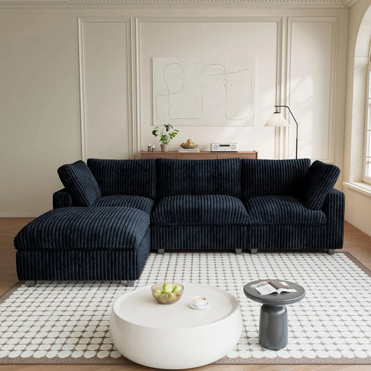 Premium Classic Cloud Sectional Couches | 4-Piece Plush Fabric Black Fluffy Back Pillows L-Shaped Sectionals 3-seaters with 1-Ottomans
