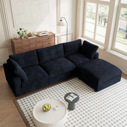 Premium Classic Cloud Sectional Couches | 4-Piece Plush Fabric Black Fluffy Back Pillows L-Shaped Sectionals 3-seaters with 1-Ottomans