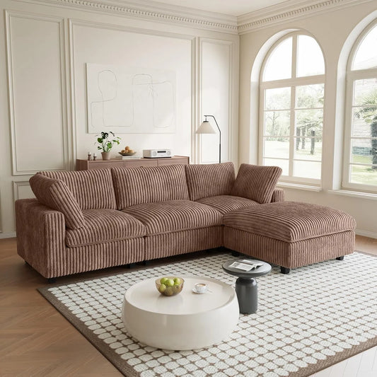 Premium Classic Cloud Sectional Couches | 4-Piece Plush Fabric Brown Feels Soft Like A Bunny L-Shaped Sectionals 3-seaters with 1-Ottomans