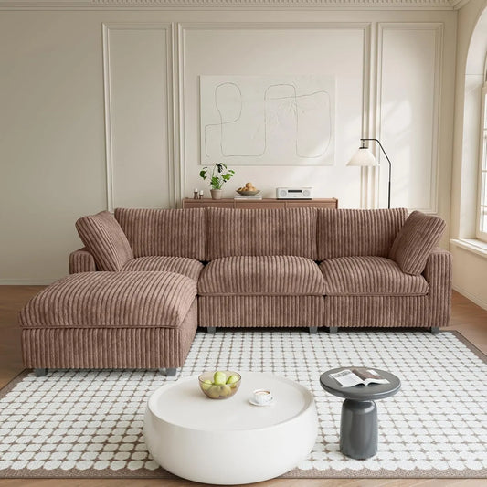 Premium Classic Cloud Sectional Couches | 4-Piece Plush Fabric Brown Feels Soft Like A Bunny L-Shaped Sectionals 3-seaters with 1-Ottomans