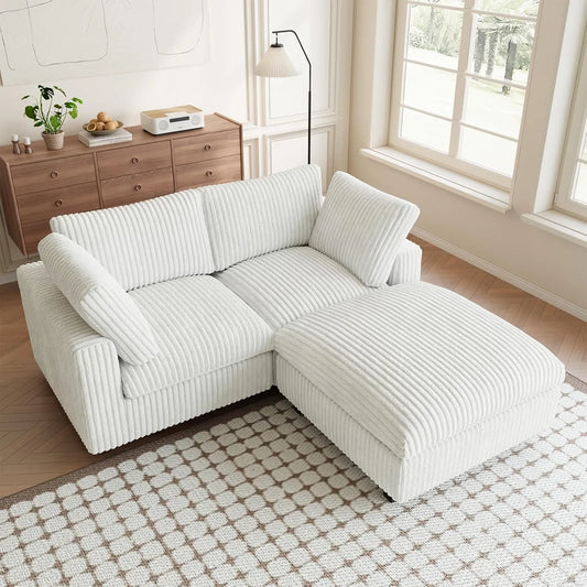 Premium Classic Cloud Sectional Couches | 3-Piece Plush Fabric Beige Secure Plush Texture Chaise Sectionals 2-seaters with 1-Ottomans