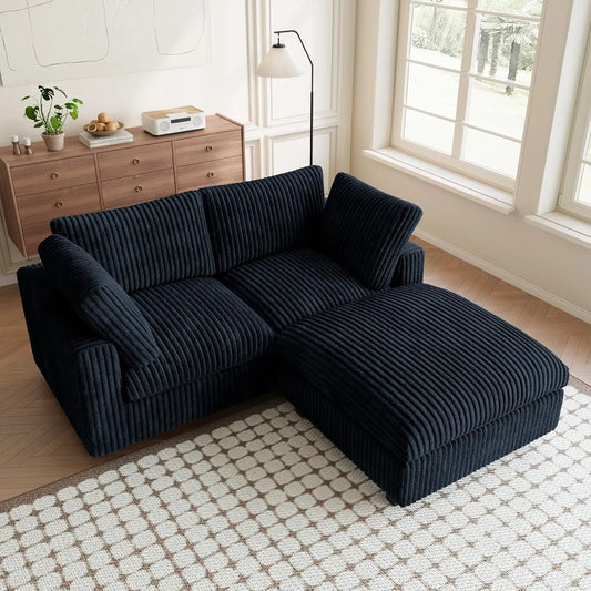 Premium Classic Cloud Sectional Couches | 3-Piece Plush Fabric Black A Big Friendly Sofa Chaise Sectionals 2-seaters with 1-Ottomans
