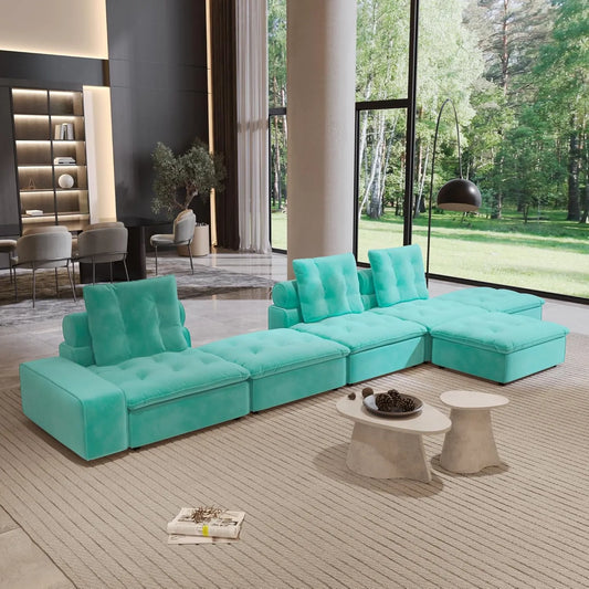 Premium Adjustable Cloud Sectional Couches | 6-Piece Velvet Tiffany Blue Smooth Modern Style Sofa Sets 3-seaters with 3-Ottomans