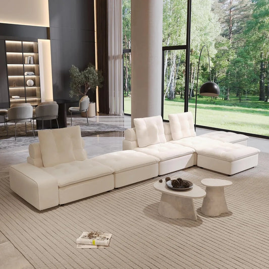 Premium Adjustable Cloud Sectional Couches | 6-Piece Velvet Beige Pet-Proof Luxury Sofa Sets 3-seaters with 3-Ottomans
