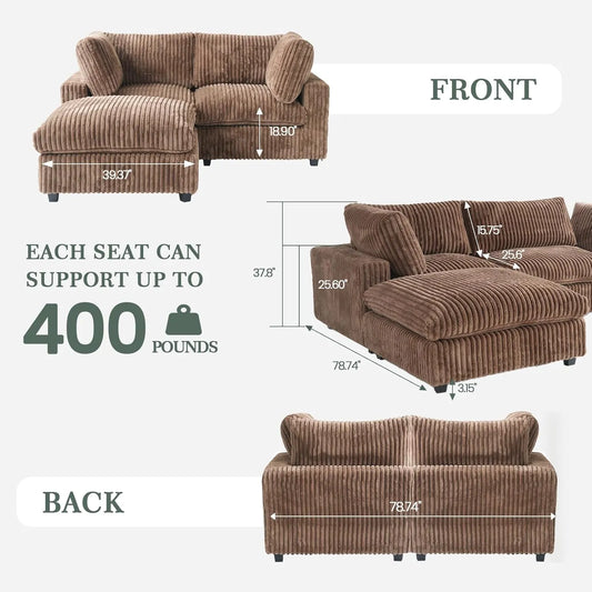 Premium Classic Cloud Sectional Couches | 3-Piece Plush Fabric Brown Soft Cotton Backrests Chaise Sectionals 2-seaters with 1-Ottomans