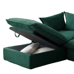 Premium Velvet Cloud Sectional Couches | 4-Piece Velvet Green Hidden Storage Box L-Shaped Sectionals 3-seaters with 1-Ottomans