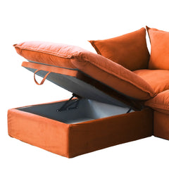 Premium Velvet Cloud Sectional Couches | 4-Piece Velvet Orange Rich Beautiful Fabric L-Shaped Sectionals 3-seaters with 1-Ottomans