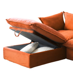 Premium Velvet Cloud Sectional Couches | 4-Piece Velvet Orange Rich Beautiful Fabric L-Shaped Sectionals 3-seaters with 1-Ottomans