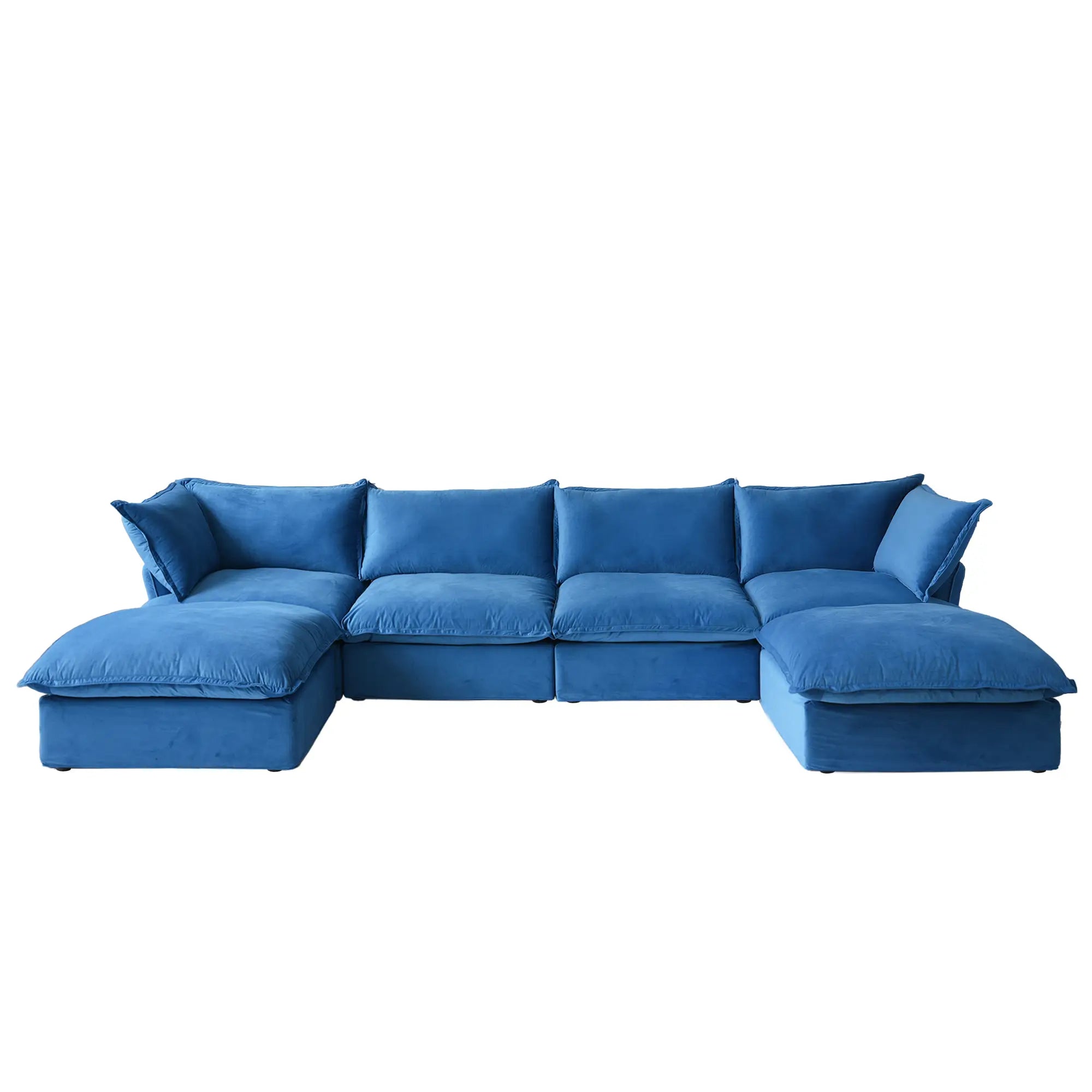 Premium Velvet Cloud Sectional Couches | 6-Piece Velvet Blue Simply Serene Seating U-Shaped Sectionals 4-seaters with 2-Ottomans