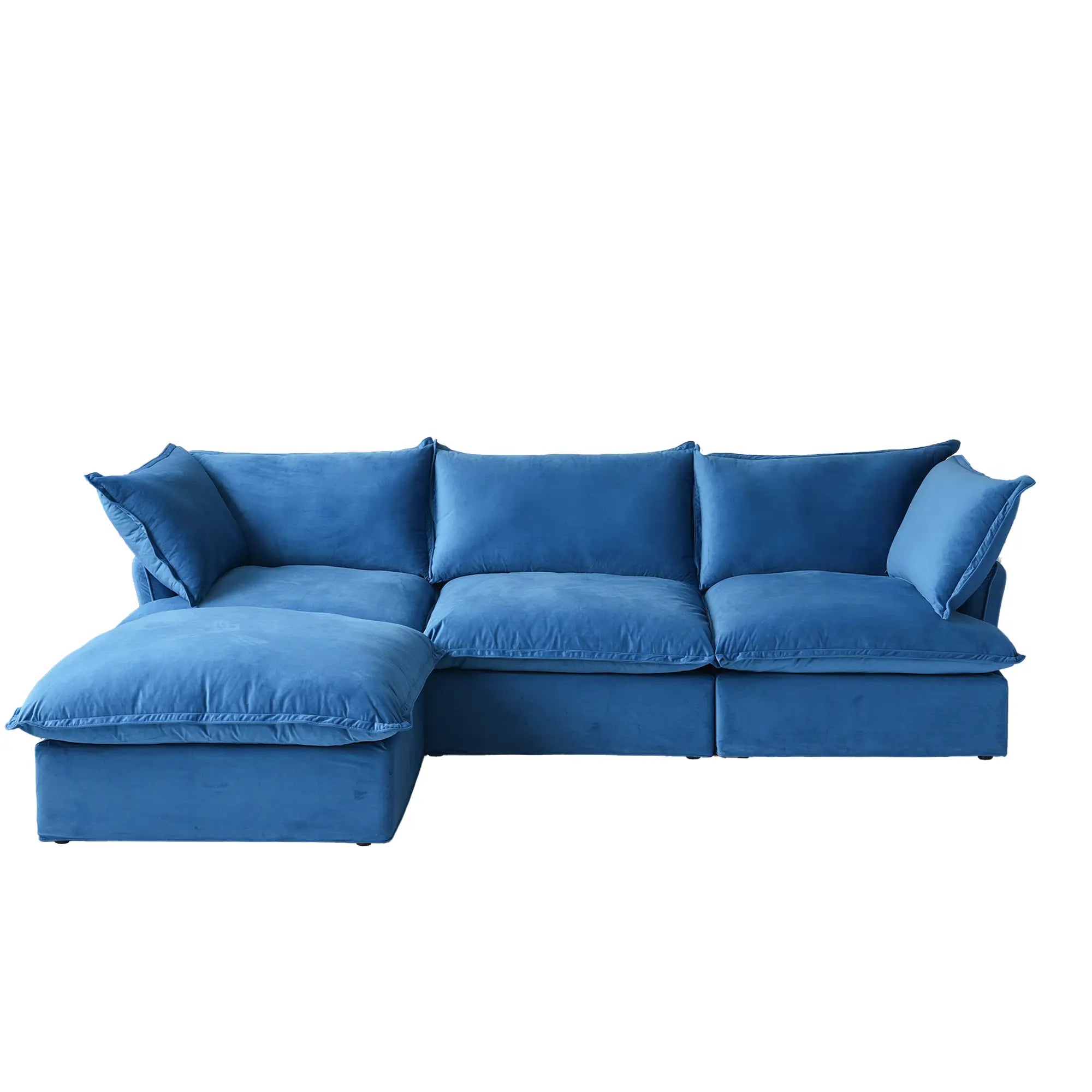 Premium Velvet Cloud Sectional Couches | 4-Piece Velvet Blue Rich Fancy Velvet L-Shaped Sectionals 3-seaters with 1-Ottomans