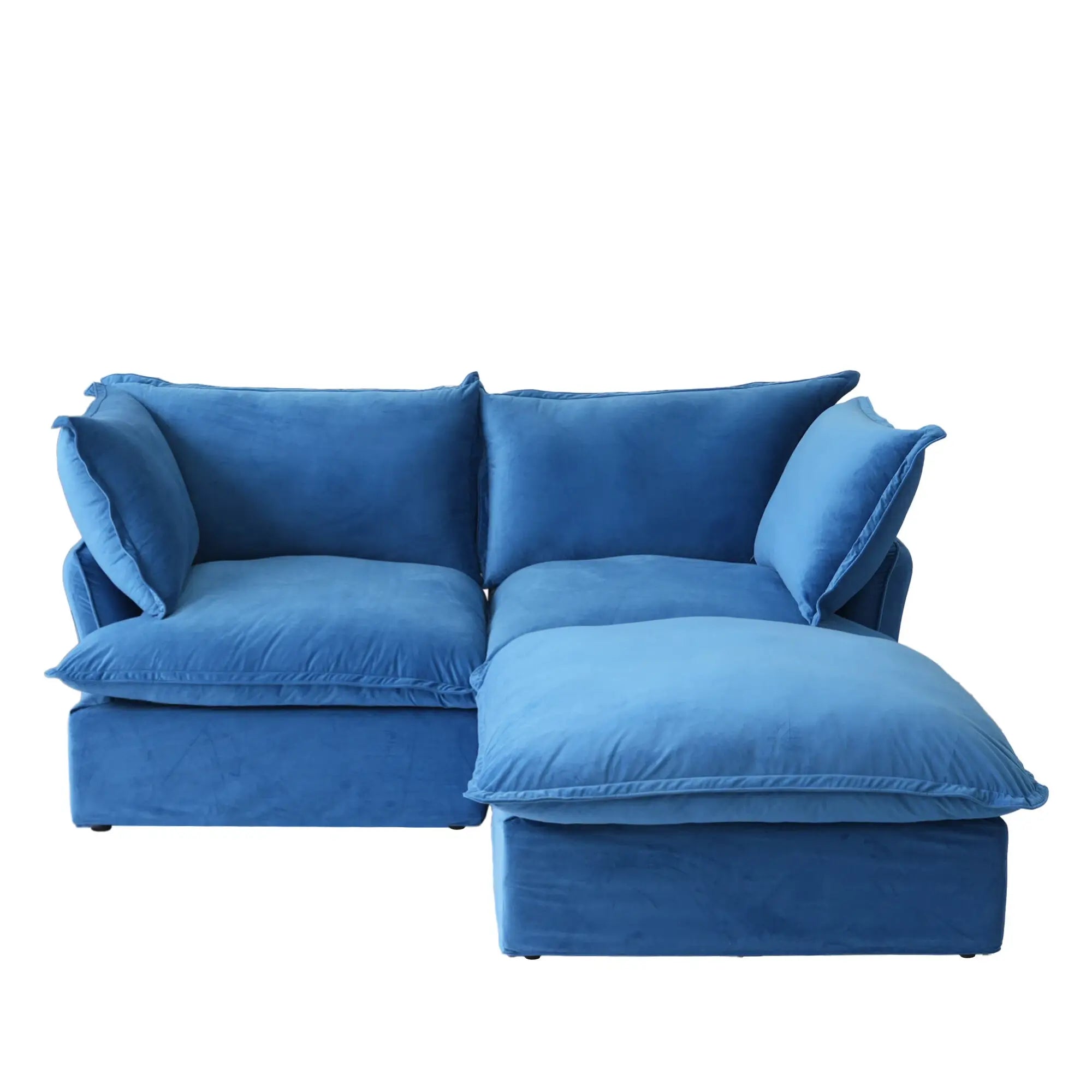 Premium Velvet Cloud Sectional Couches | 3-Piece Velvet Blue Simply Serene Seating Chaise Sectionals 2-seaters with 1-Ottomans