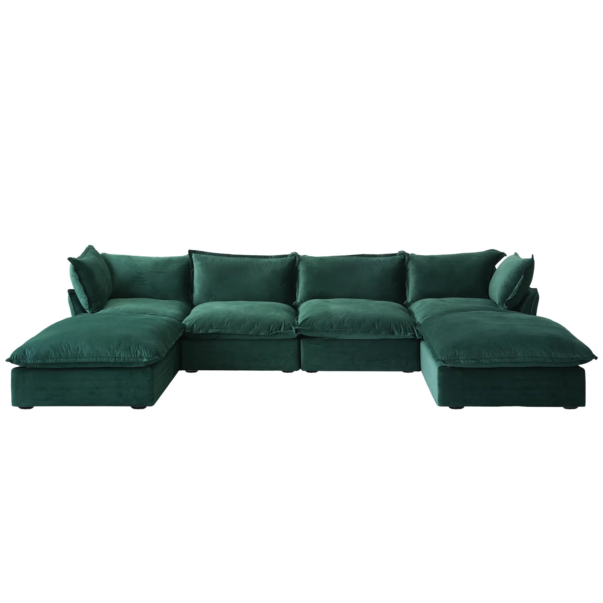 Premium Velvet Cloud Sectional Couches | 6-Piece Velvet Green Simply Serene Seating U-Shaped Sectionals 4-seaters with 2-Ottomans