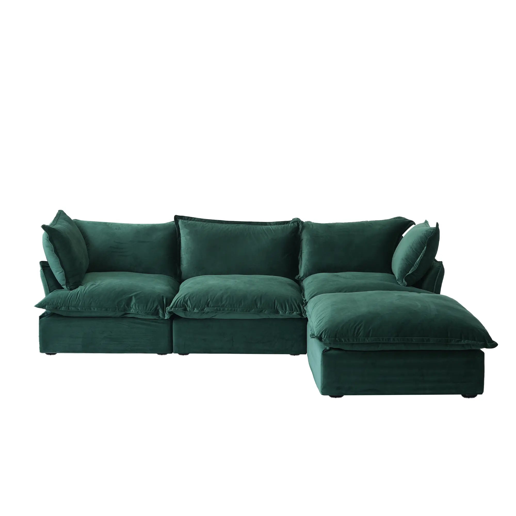 Premium Velvet Cloud Sectional Couches | 4-Piece Velvet Green Hidden Storage Box L-Shaped Sectionals 3-seaters with 1-Ottomans