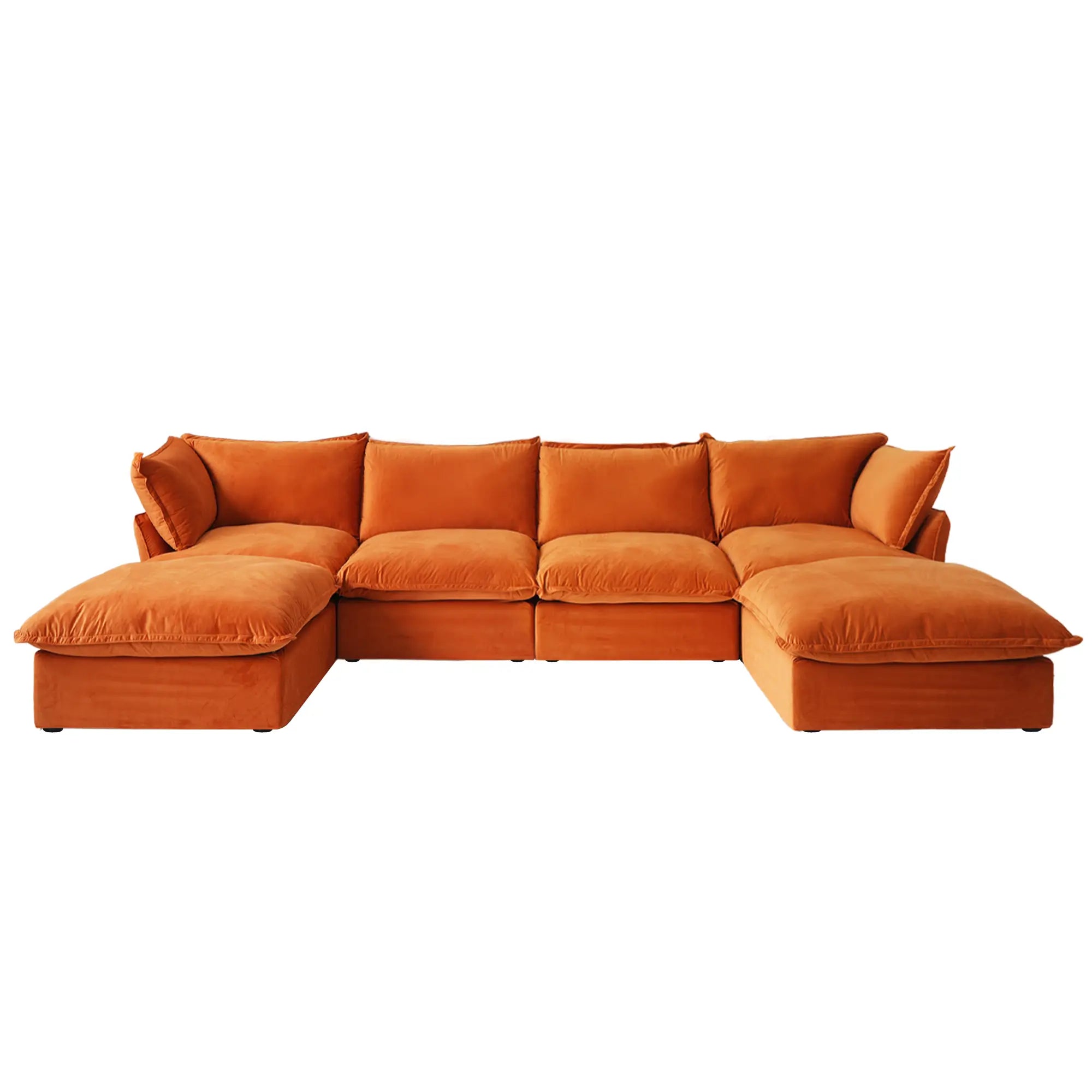 Premium Velvet Cloud Sectional Couches | 6-Piece Velvet Orange Modern Relaxed Living U-Shaped Sectionals 4-seaters with 2-Ottomans