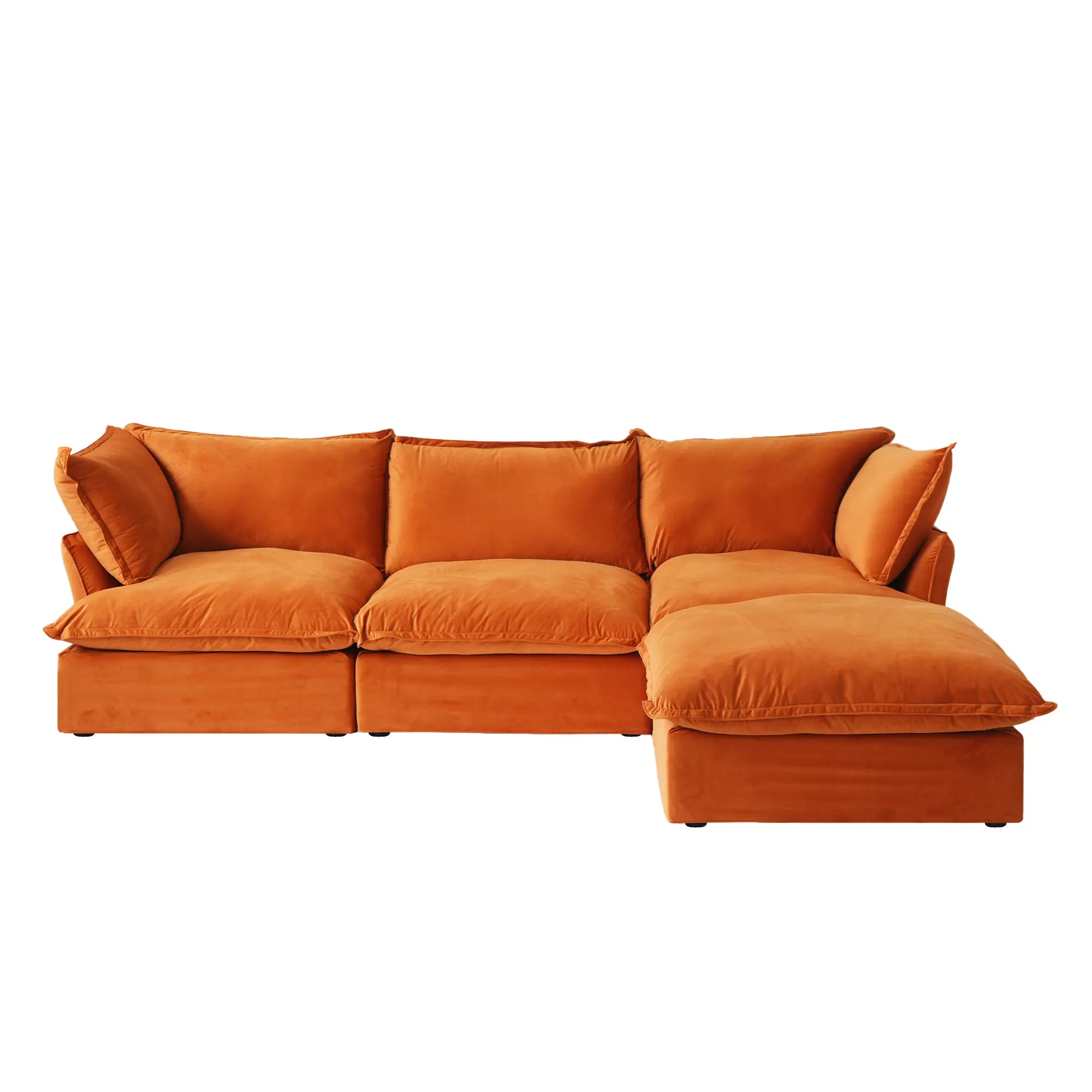 Premium Velvet Cloud Sectional Couches | 4-Piece Velvet Orange Rich Beautiful Fabric L-Shaped Sectionals 3-seaters with 1-Ottomans