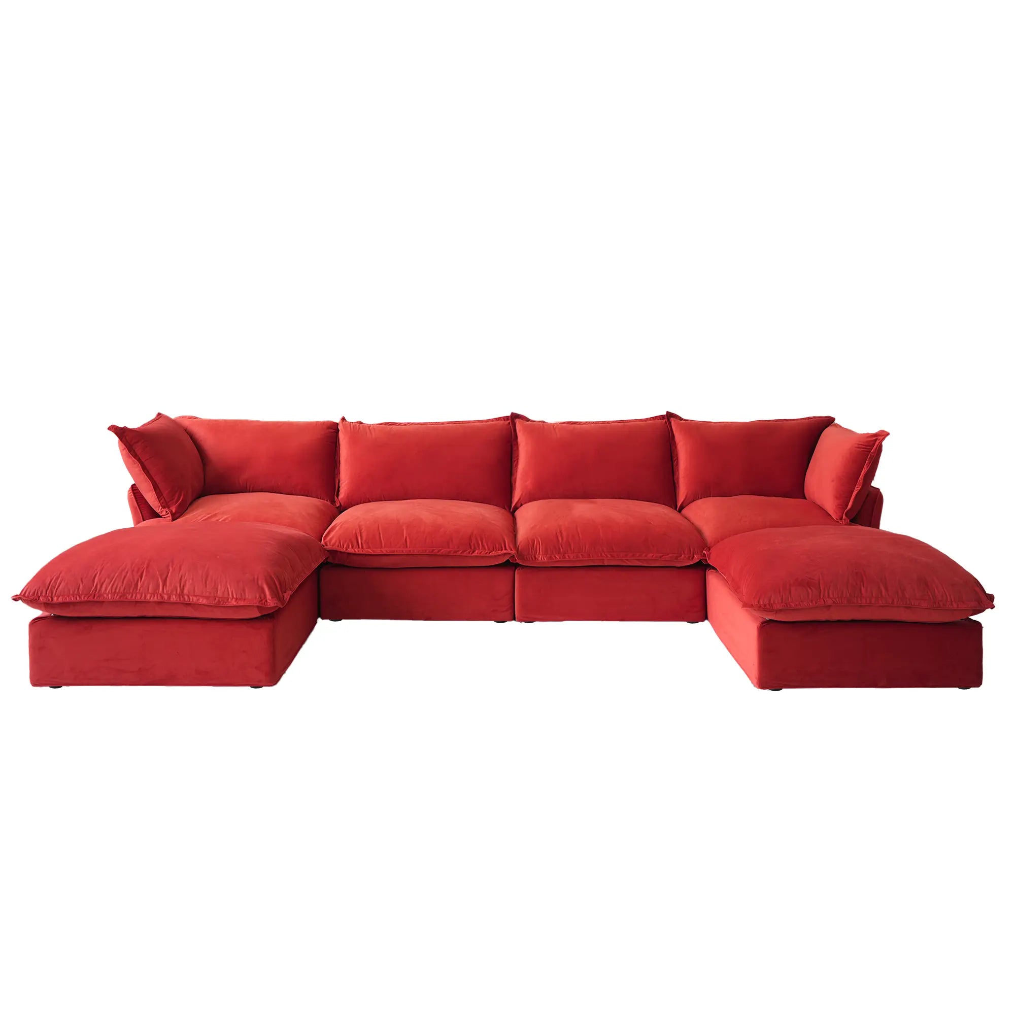 Premium Velvet Cloud Sectional Couches | 6-Piece Velvet Red Modular Design U-Shaped Sectionals 4-seaters with 2-Ottomans