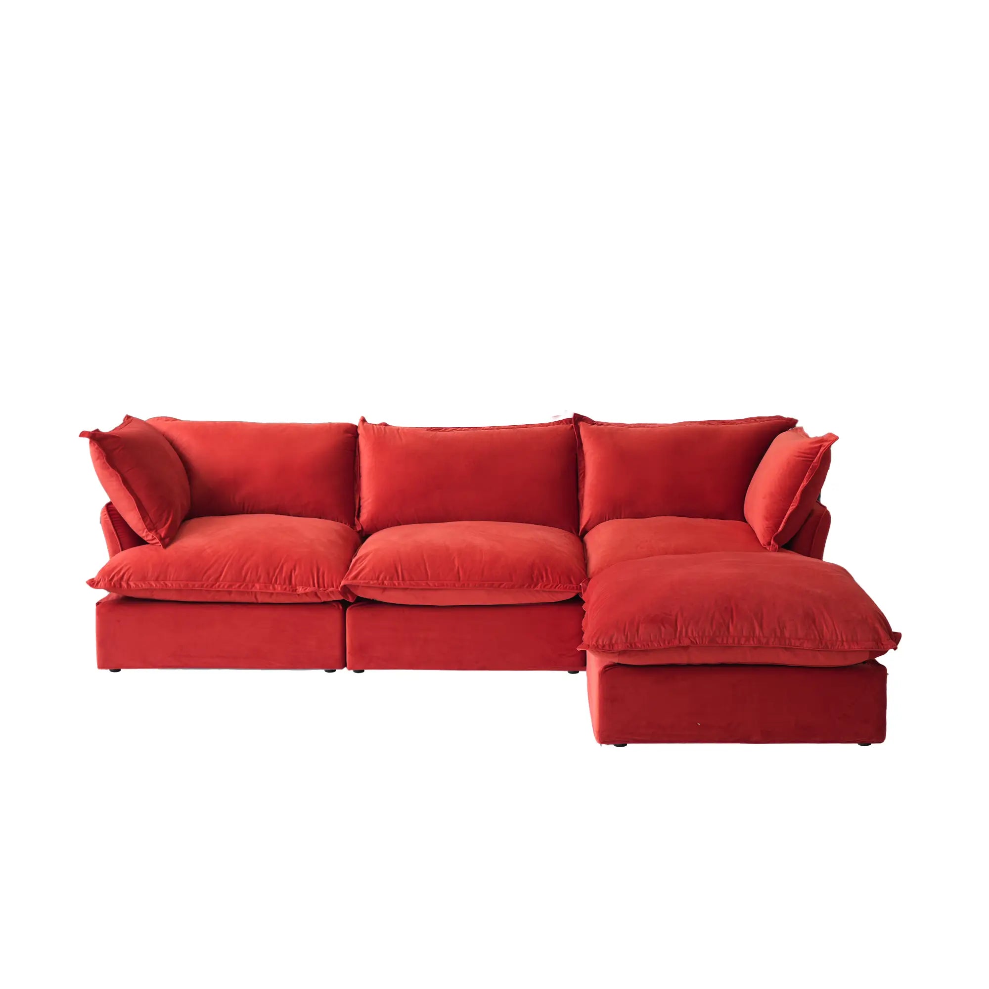 Premium Velvet Cloud Sectional Couches | 4-Piece Velvet Red Rich Elegance L-Shaped Sectionals 3-seaters with 1-Ottomans