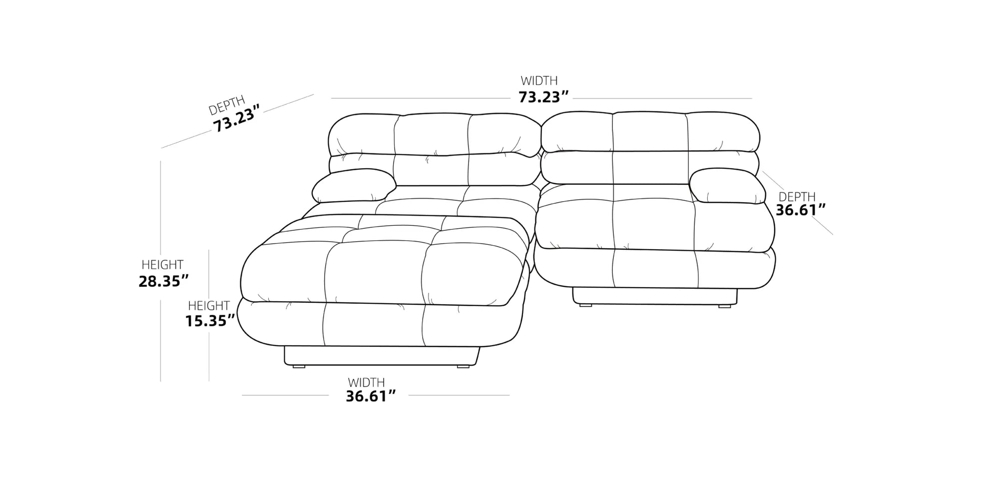 73.23" Sectional Sofa 2-Seater With 1 Ottoman Comfort Chaise - Black