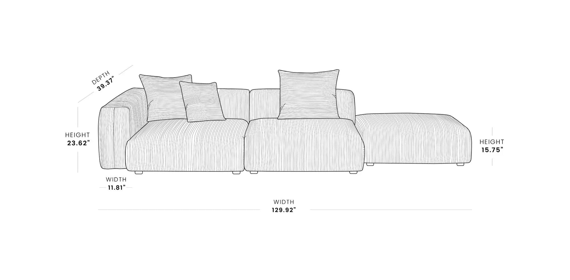 Washable Couch 129.92 " Corduroy Sectional Sofa Chaise with Removable Sofa Cover - Brown