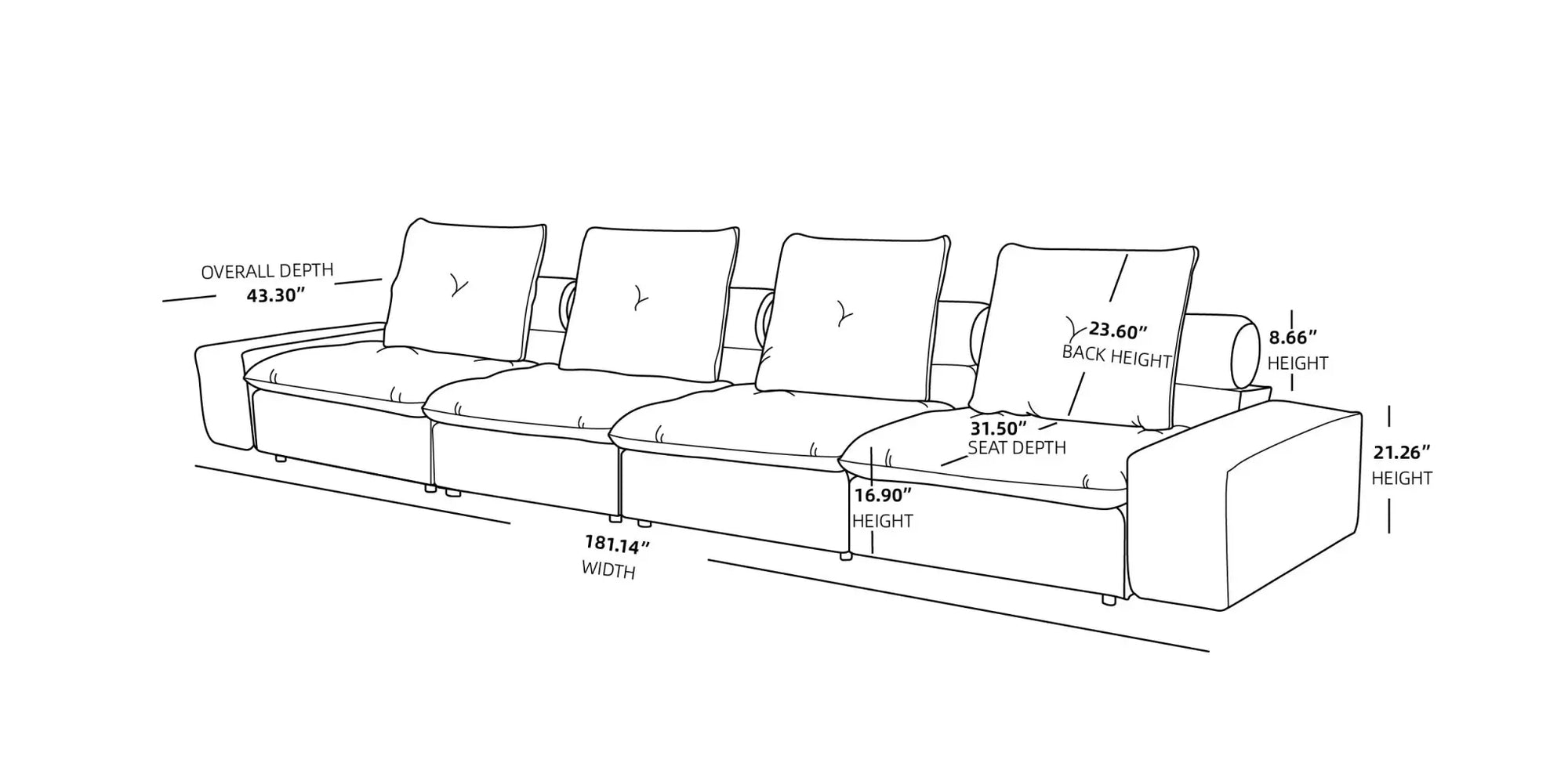 181'' Adjustable Pet-Friendly 4-Seater Sleeper Sectional Sofa with Roller Backrest - Grey