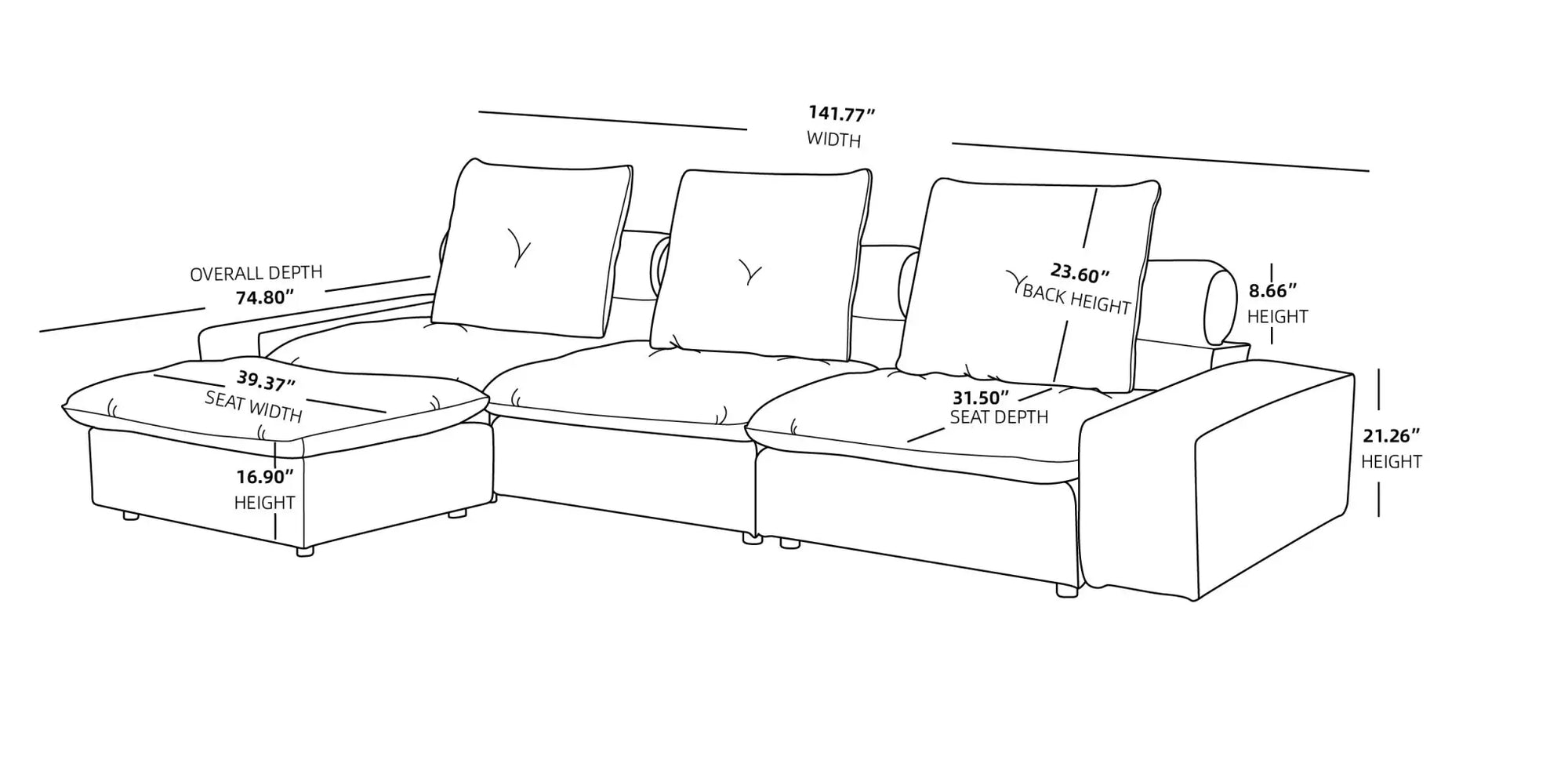142'' Adjustable Pet-Friendly 3-Seater L-Shaped Sectional Sofa with Roller Backrest 3D-Knitted Fabric