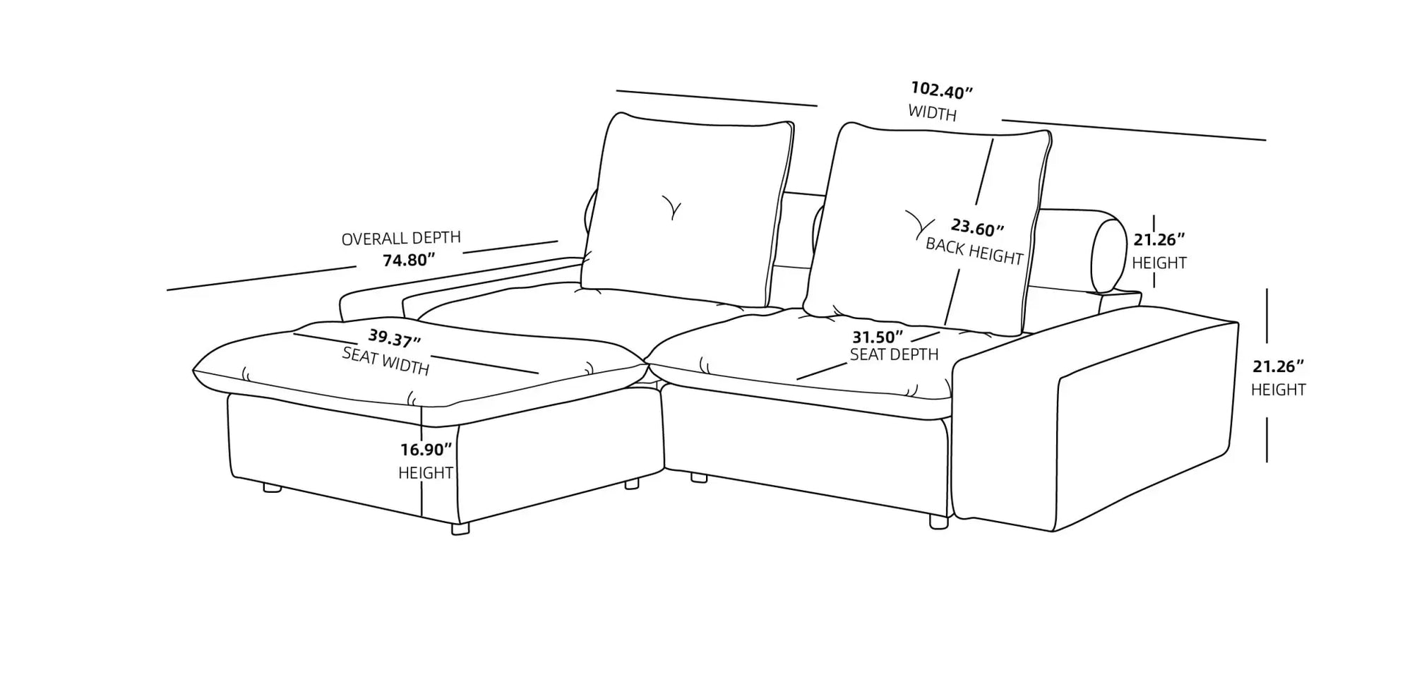 102" Adjustable Pet-Friendly Loveseat Chaise with Roller Backrest 3D-Knitted Fabric - Beige