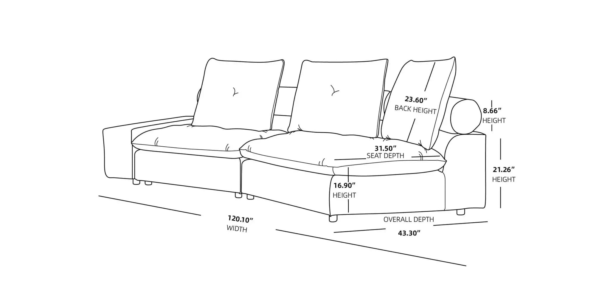 125'' Adjustable Pet-Friendly 2-Seater Curve Corner Sectional Sofa with Roller Backrest - Tiffany Blue