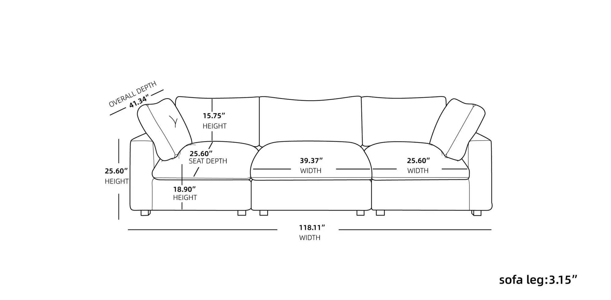 Fluffy Couch Plush Sectional 3-Seater Deep Seat Sofa with Sofa Cover - Black