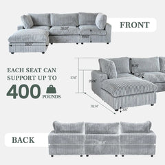 Premium Classic Cloud Sectional Couches | 4-Piece Plush Fabric Light Grey Casual-Luxury Appeal L-Shaped Sectionals 3-seaters with 1-Ottomans