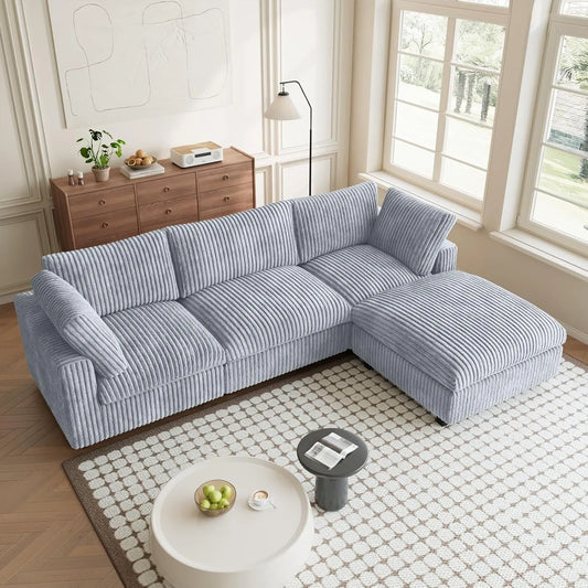 Premium Classic Cloud Sectional Couches | 4-Piece Plush Fabric Light Grey Casual-Luxury Appeal L-Shaped Sectionals 3-seaters with 1-Ottomans