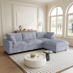 Premium Classic Cloud Sectional Couches | 4-Piece Plush Fabric Light Grey Casual-Luxury Appeal L-Shaped Sectionals 3-seaters with 1-Ottomans