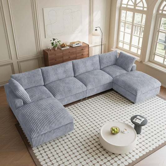 Premium Classic Cloud Sectional Couches | 6-Piece Plush Fabric Light Grey Modular Design U-Shaped Sectionals 4-seaters with 2-Ottomans