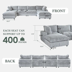 Premium Classic Cloud Sectional Couches | 6-Piece Plush Fabric Light Grey Modular Design U-Shaped Sectionals 4-seaters with 2-Ottomans