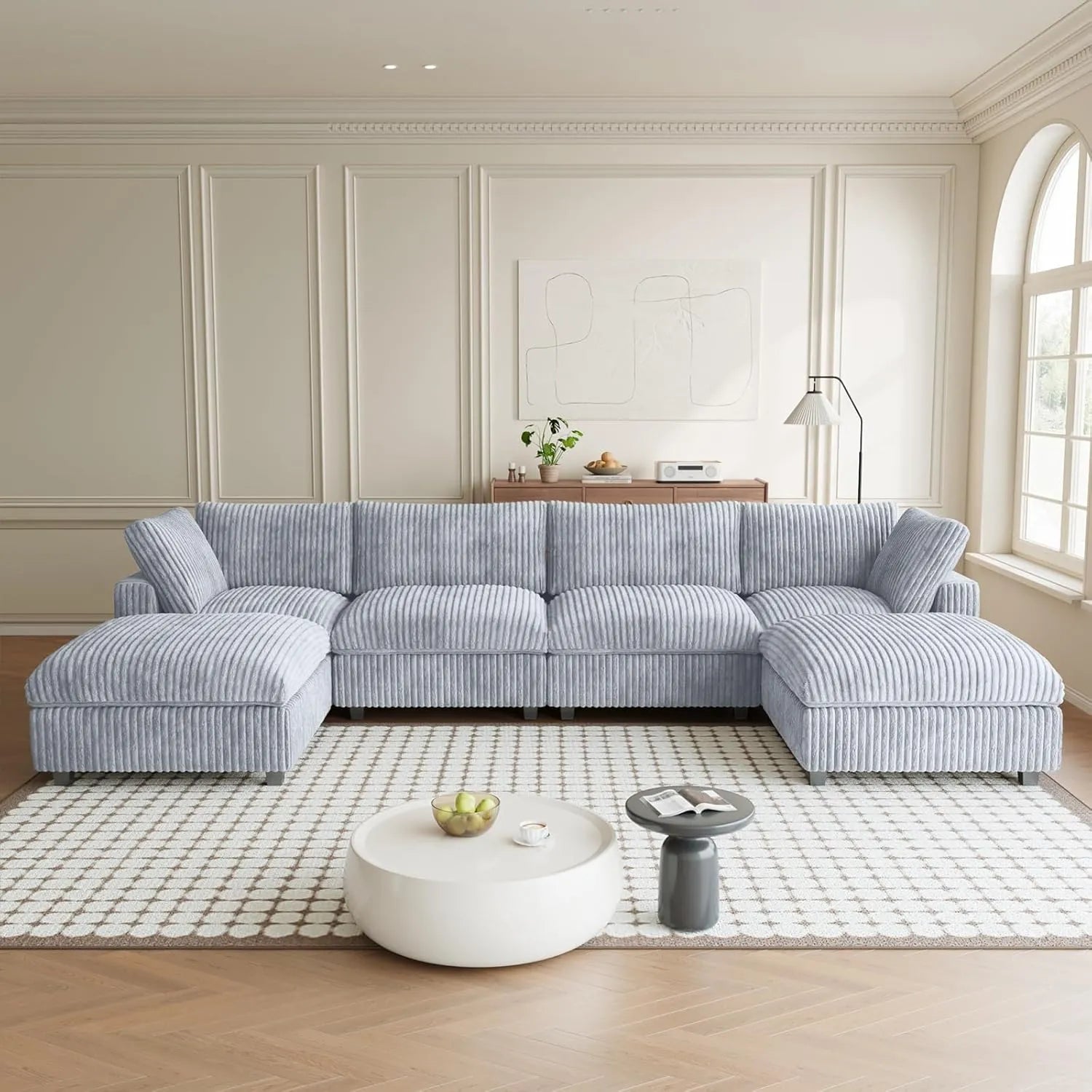 Premium Classic Cloud Sectional Couches | 6-Piece Plush Fabric Light Grey Modular Design U-Shaped Sectionals 4-seaters with 2-Ottomans