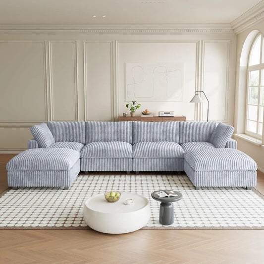 Premium Classic Cloud Sectional Couches | 6-Piece Plush Fabric Light Grey Modular Design U-Shaped Sectionals 4-seaters with 2-Ottomans