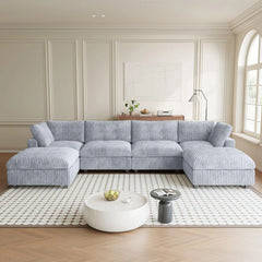 Premium Classic Cloud Sectional Couches | 6-Piece Plush Fabric Light Grey Modular Design U-Shaped Sectionals 4-seaters with 2-Ottomans