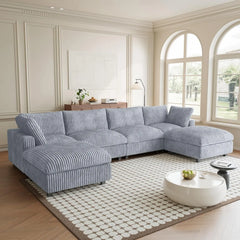 Premium Classic Cloud Sectional Couches | 6-Piece Plush Fabric Light Grey Modular Design U-Shaped Sectionals 4-seaters with 2-Ottomans