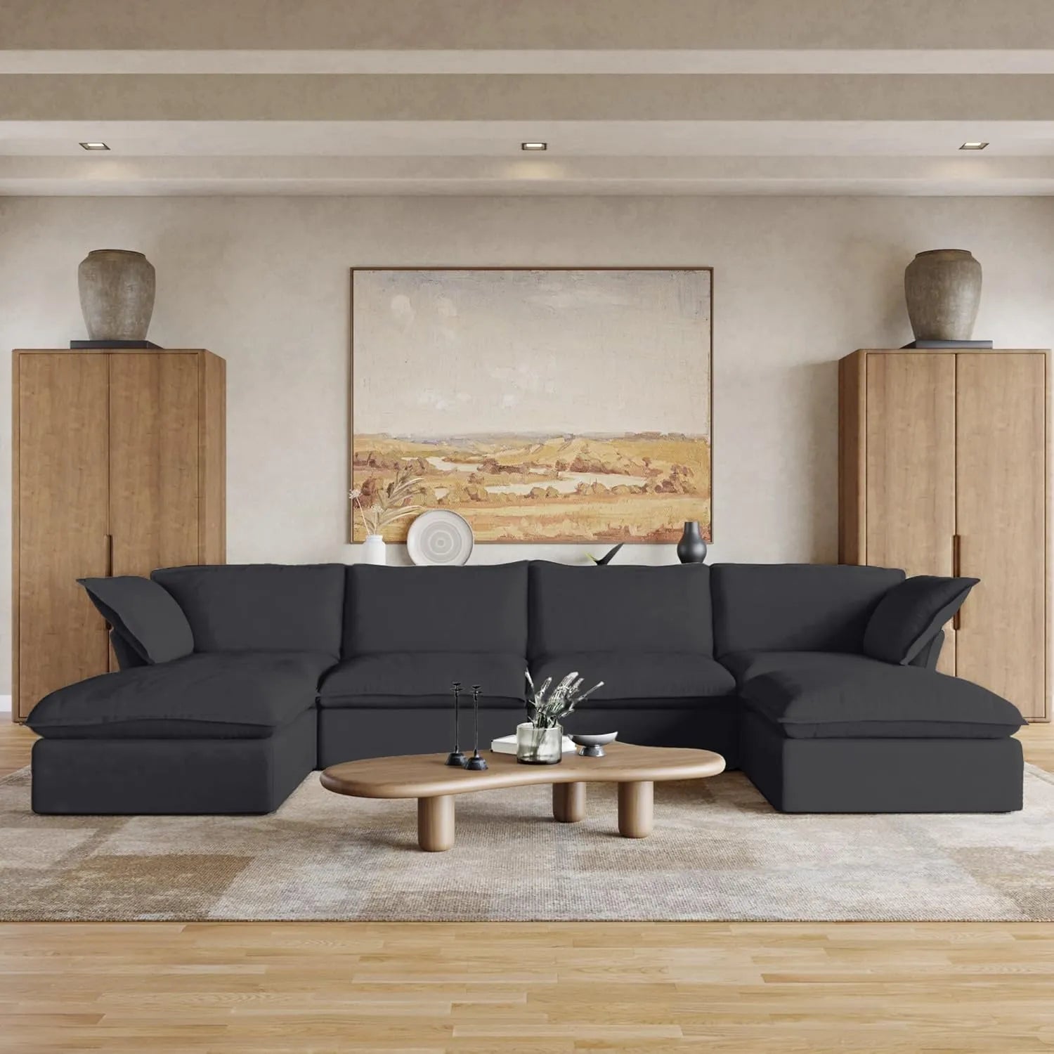 Premium Linen Cloud Sectional Couches | 6-Piece Linen Black Rich Beautiful Fabric U-Shaped Sectionals 4-seaters with 2-Ottomans