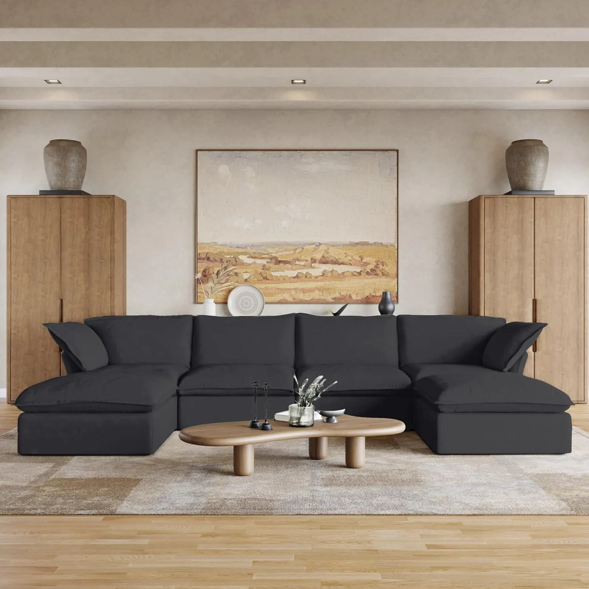 Premium Linen Cloud Sectional Couches | 6-Piece Linen Black Rich Beautiful Fabric U-Shaped Sectionals 4-seaters with 2-Ottomans