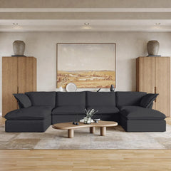 Premium Linen Cloud Sectional Couches | 6-Piece Linen Black Rich Beautiful Fabric U-Shaped Sectionals 4-seaters with 2-Ottomans